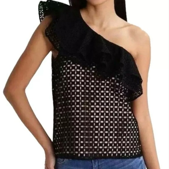 J. Crew Tops - J.Crew Size 10 Black Nude One-Shoulder Eyelet Ruffle Top Shirt Blouse